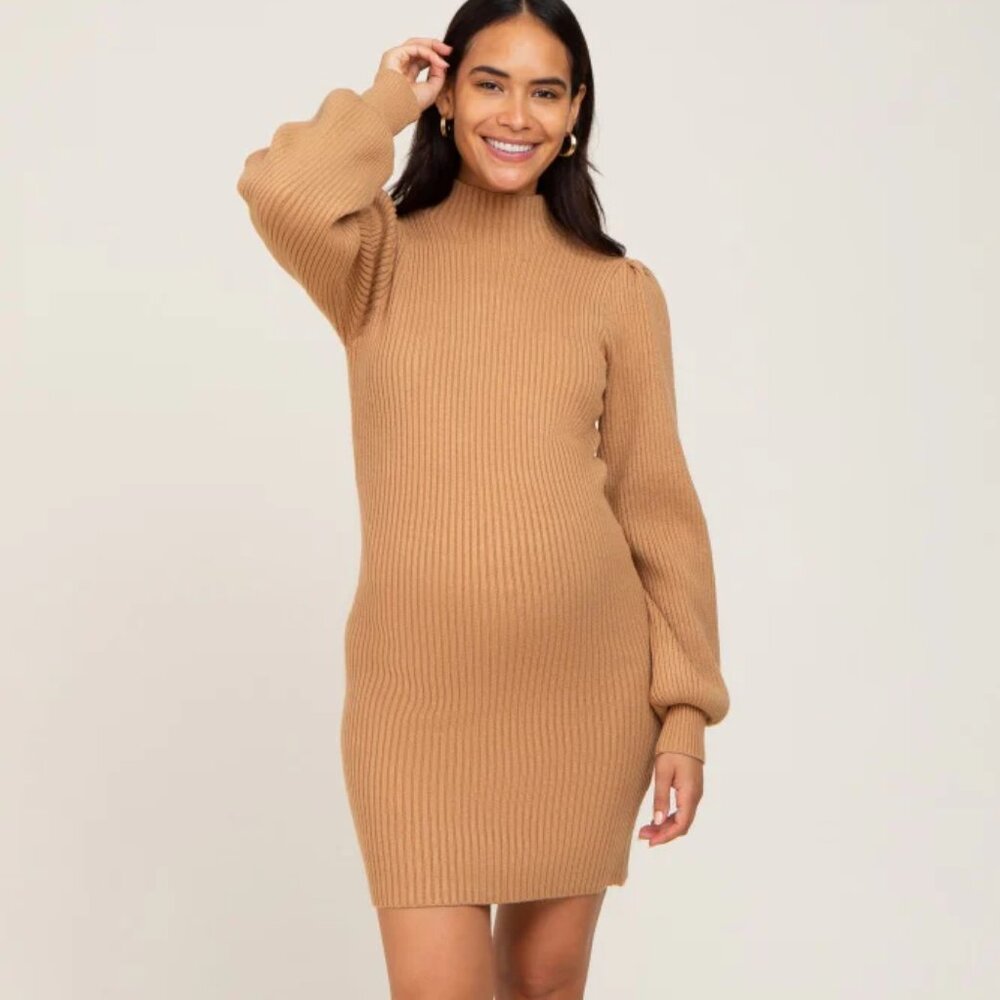 Camel Mock Neck Puff Sleeve Maternity Sweater Dress